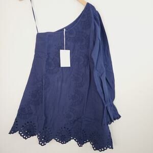 Hill House Mila One Shoulder Navy Eyelet Linen Dress Small S NWT Bell Sleeve